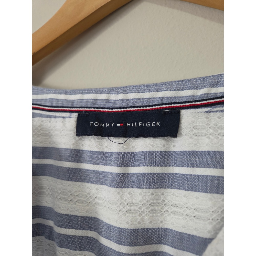 Tommy Hilfiger Blue White Striped Eyelet Lace Henley Long Sleeve Blouse Top - Picture 9 of 13